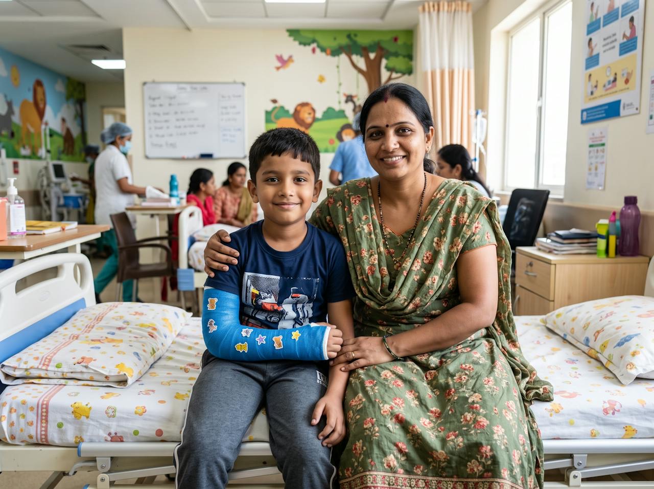 A young boy with a blue arm cast smiling with his mother in a children's ward