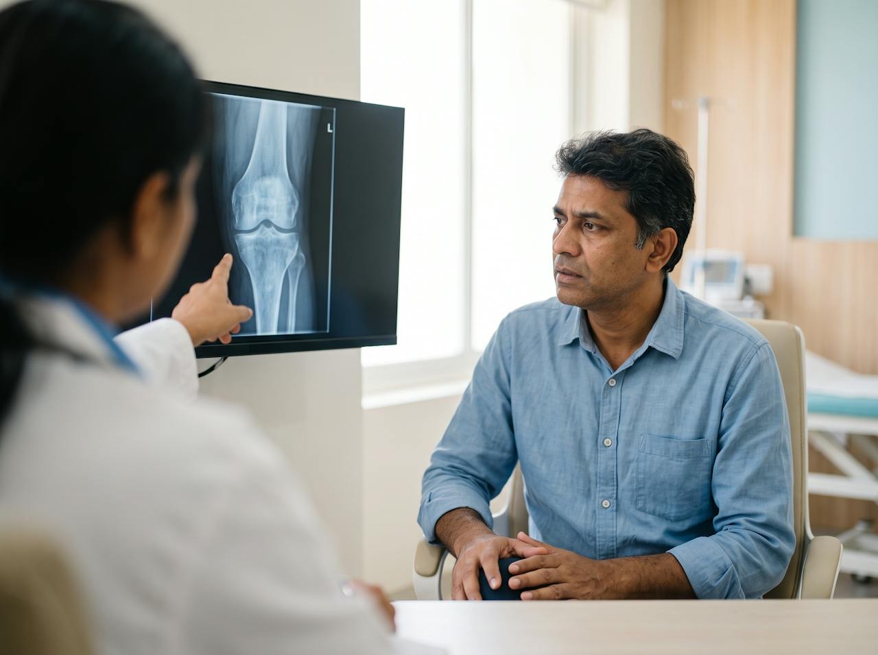 A patient looking at his knee X-ray during a consultation
