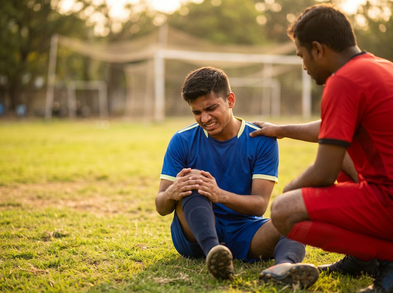 A young footballer holding his injured knee on the ground after a twisting injury