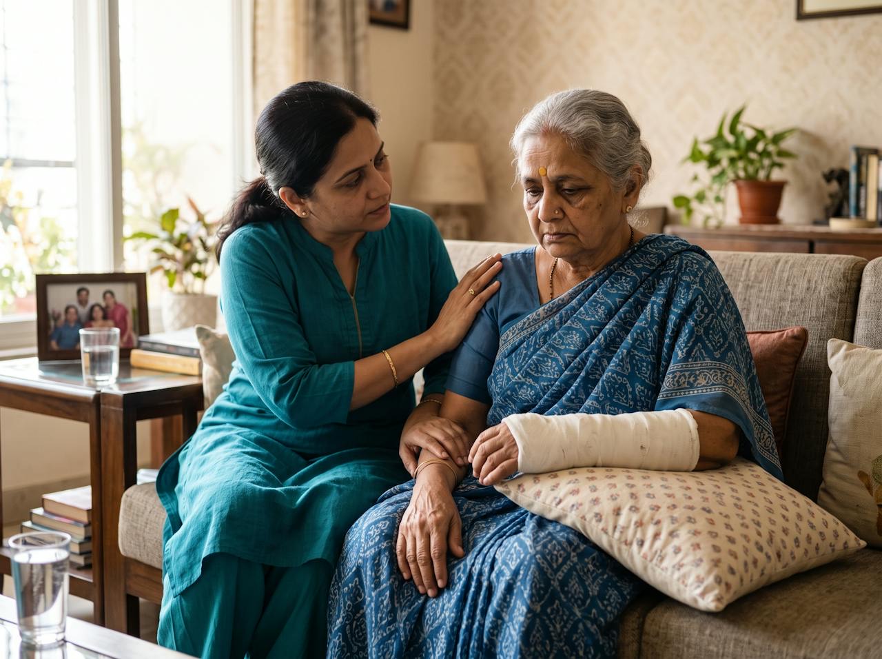 An elderly woman with a wrist cast, comforted by her daughter at home