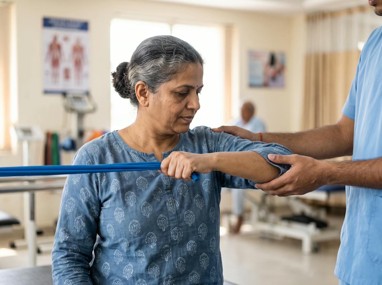 A woman doing shoulder rehabilitation with a resistance band