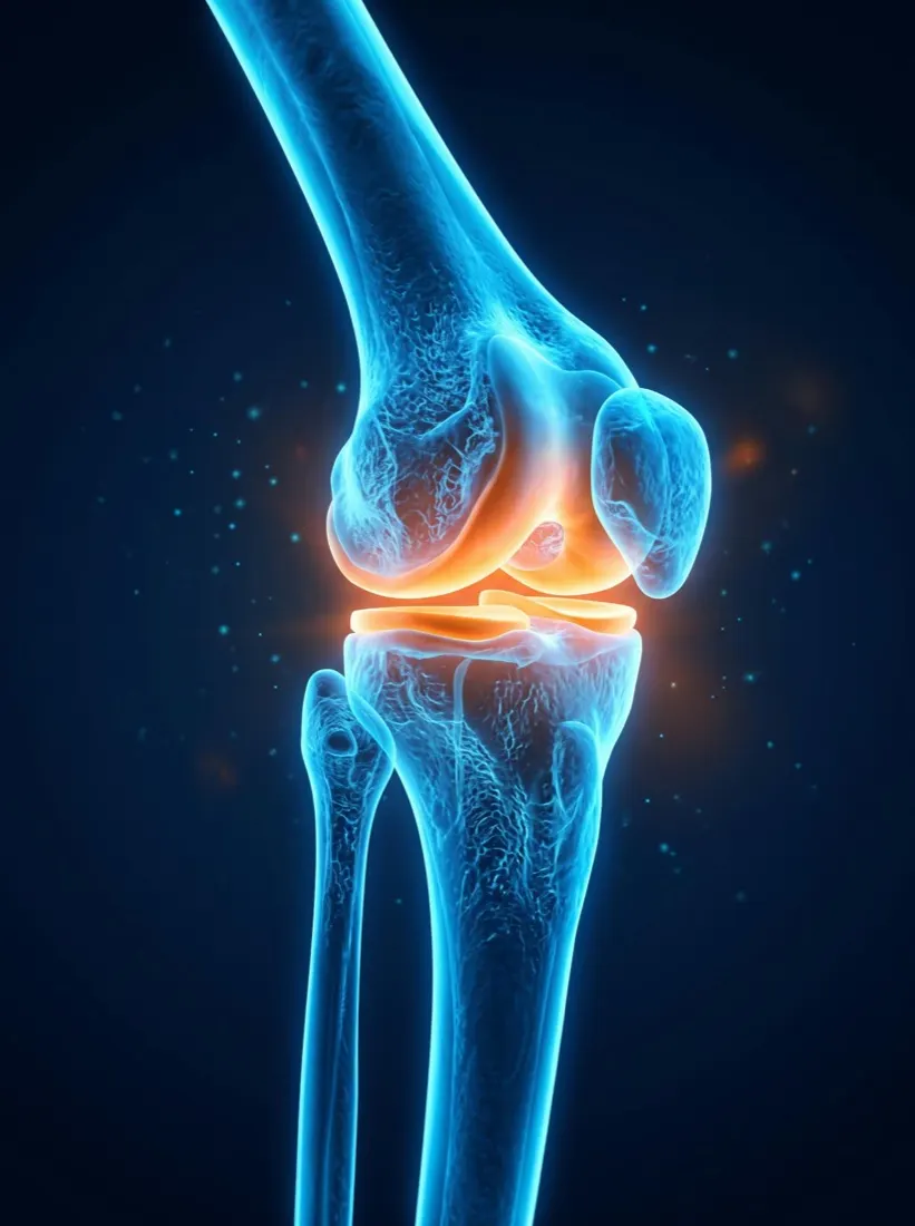Illustration of a knee joint with the worn cartilage highlighted
