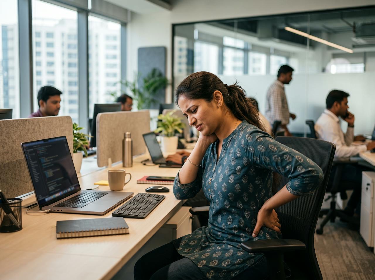 An IT professional holding her lower back and neck in pain at her office desk