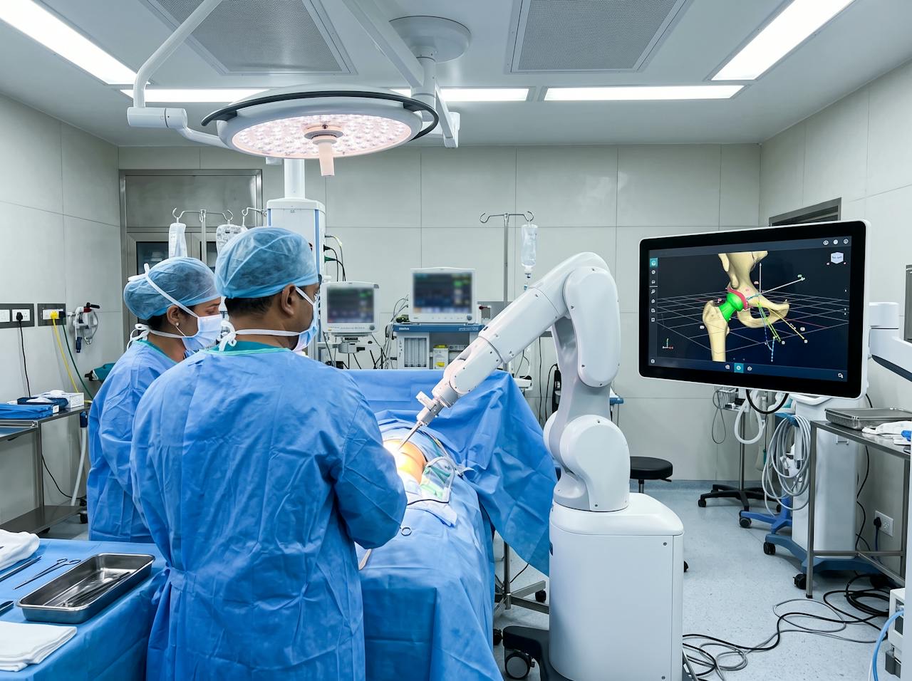 An operating theatre with a robotic arm and a 3D hip plan on screen