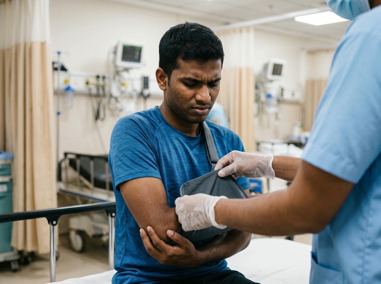 A young man holding his dislocated shoulder while a nurse fits an arm sling