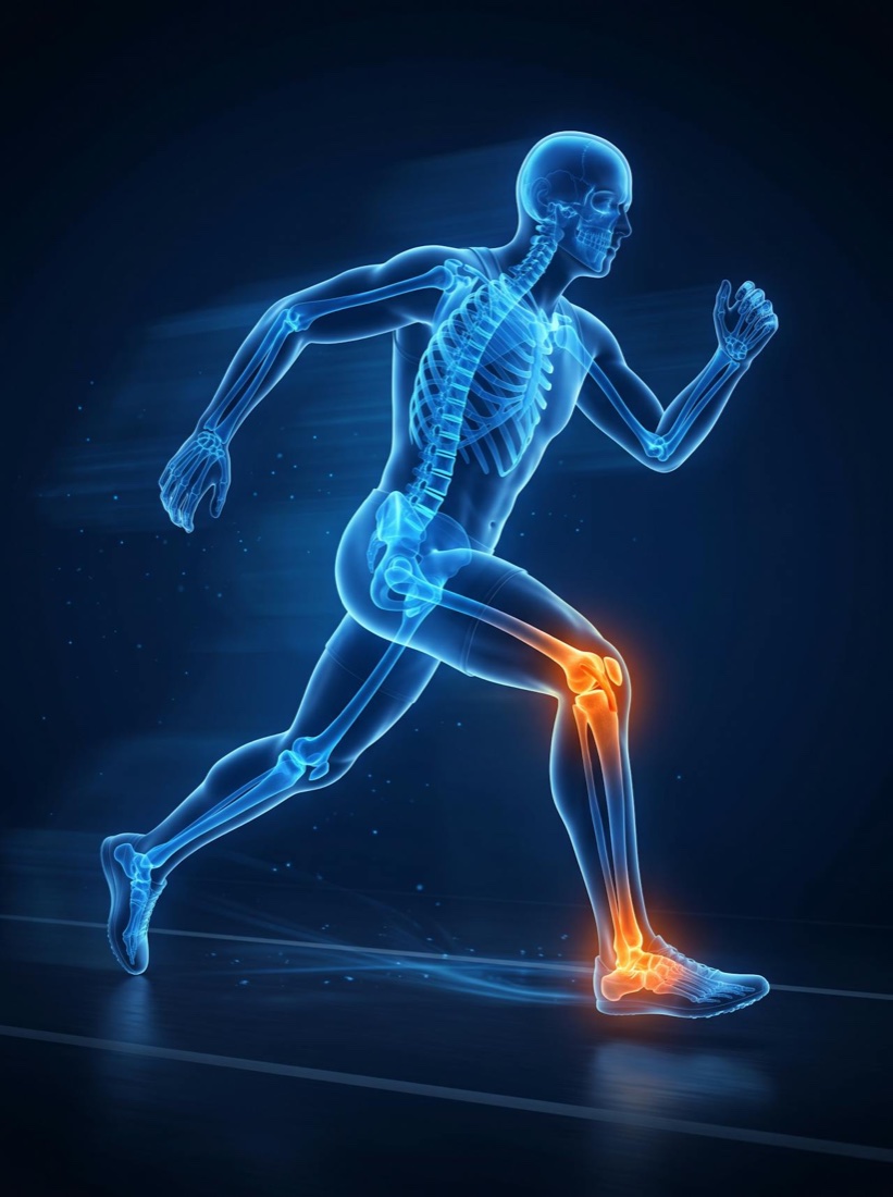 Illustration of a running athlete with the knee ligament highlighted