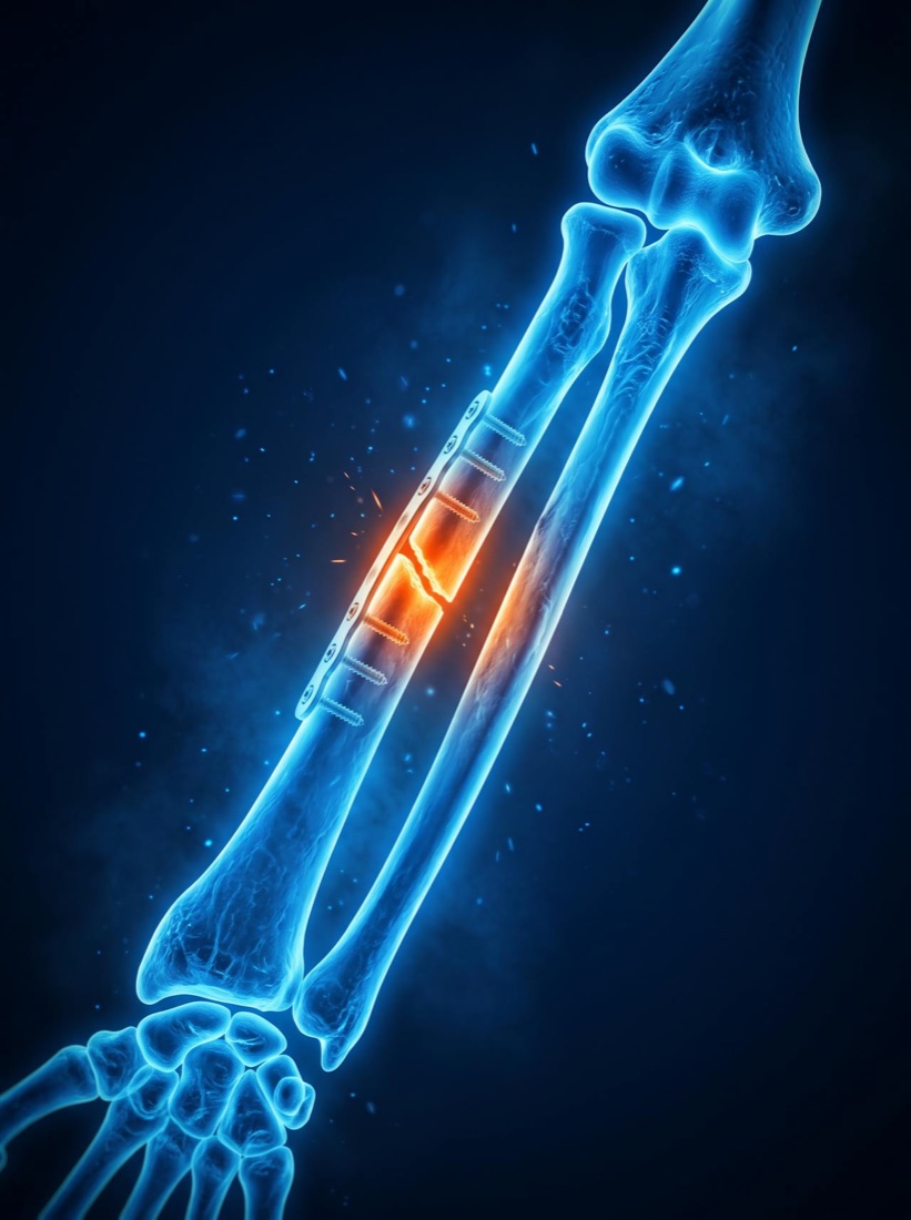 Illustration of forearm bones with a fracture and a fixation plate