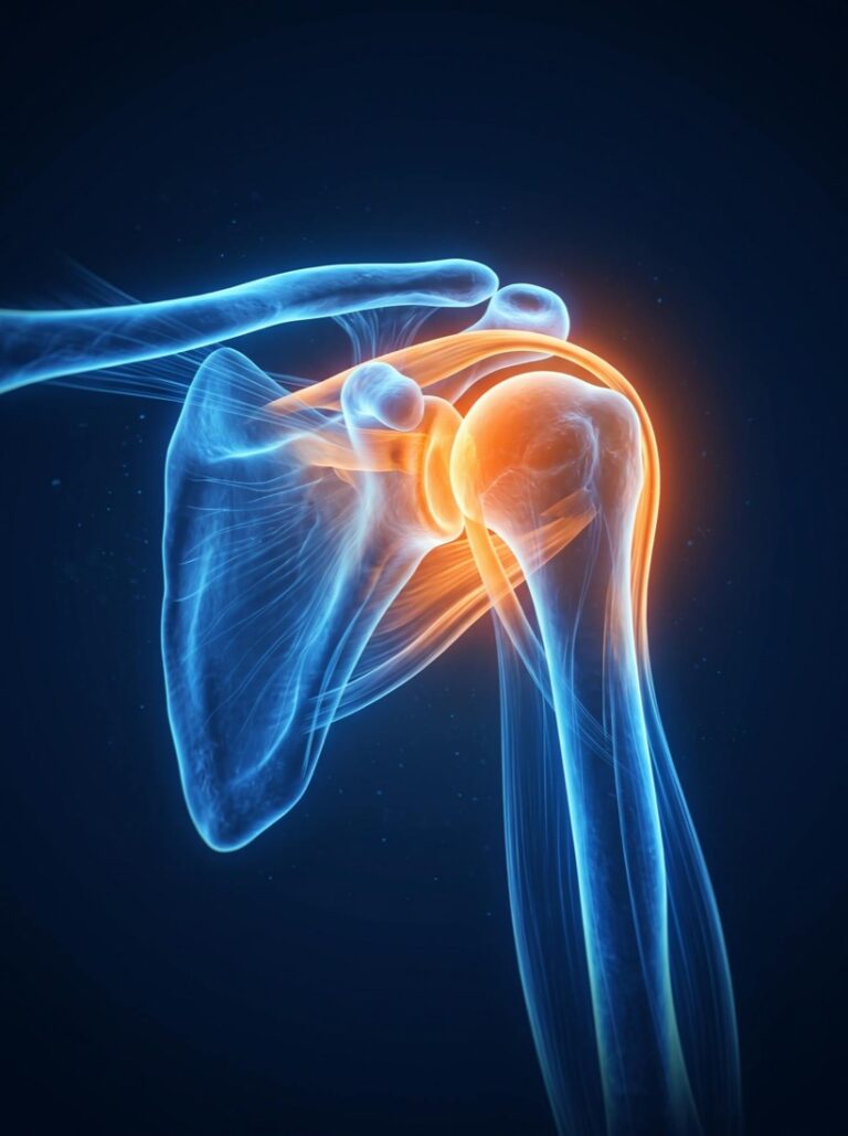 Illustration of a shoulder joint with the rotator cuff highlighted