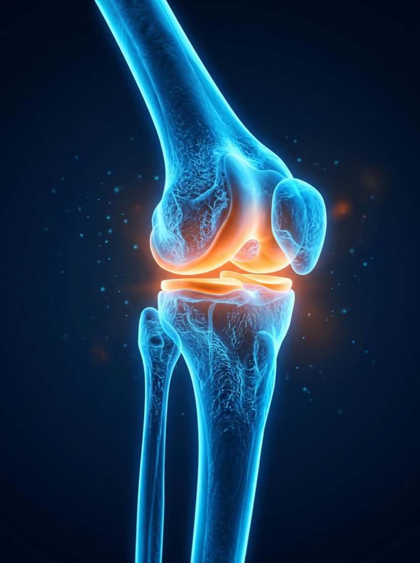 Illustration of a knee joint with the painful area inside the joint highlighted